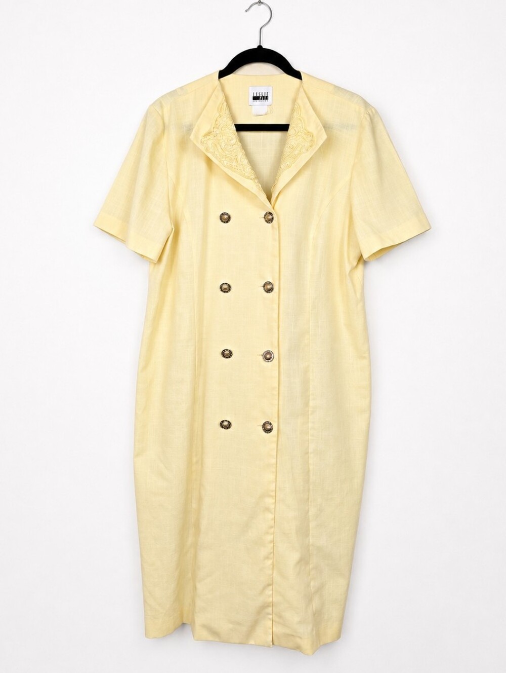 Vintage Leslie Fay Dress 18 Yellow Embroidered Secretary Retro 80s Made USA